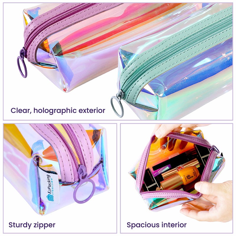 EzPacking Holographic Clear Makeup Pouch/Cute Iridescent Cosmetic Organizer/Sparkly Glittery Womens Toiletries Holder/Transparent Ladies Zipper Bag for Purse or Tote (Mint) - Image 4